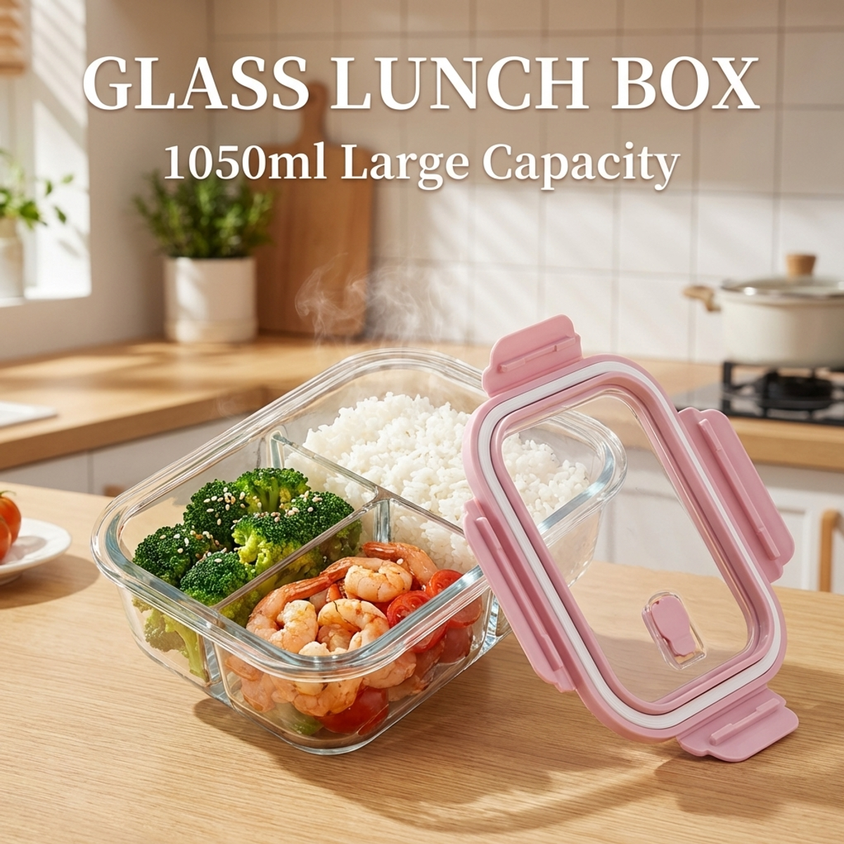 Lock And Lock Food Storage - Pink Glass Lunch Box, 1050ml Large